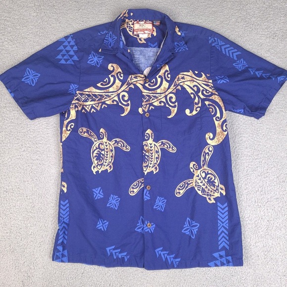 Vintage RJC Hawaiian Shirt Mens Large Blue‎ Tribal Turtle Button Down USA Made - Picture 1 of 15